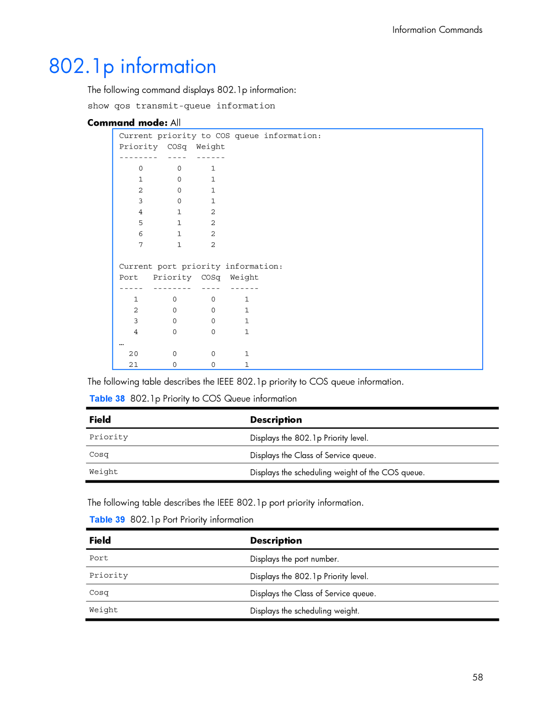 HP 445942-001 manual 802.1p information, Show qos transmit-queue information 