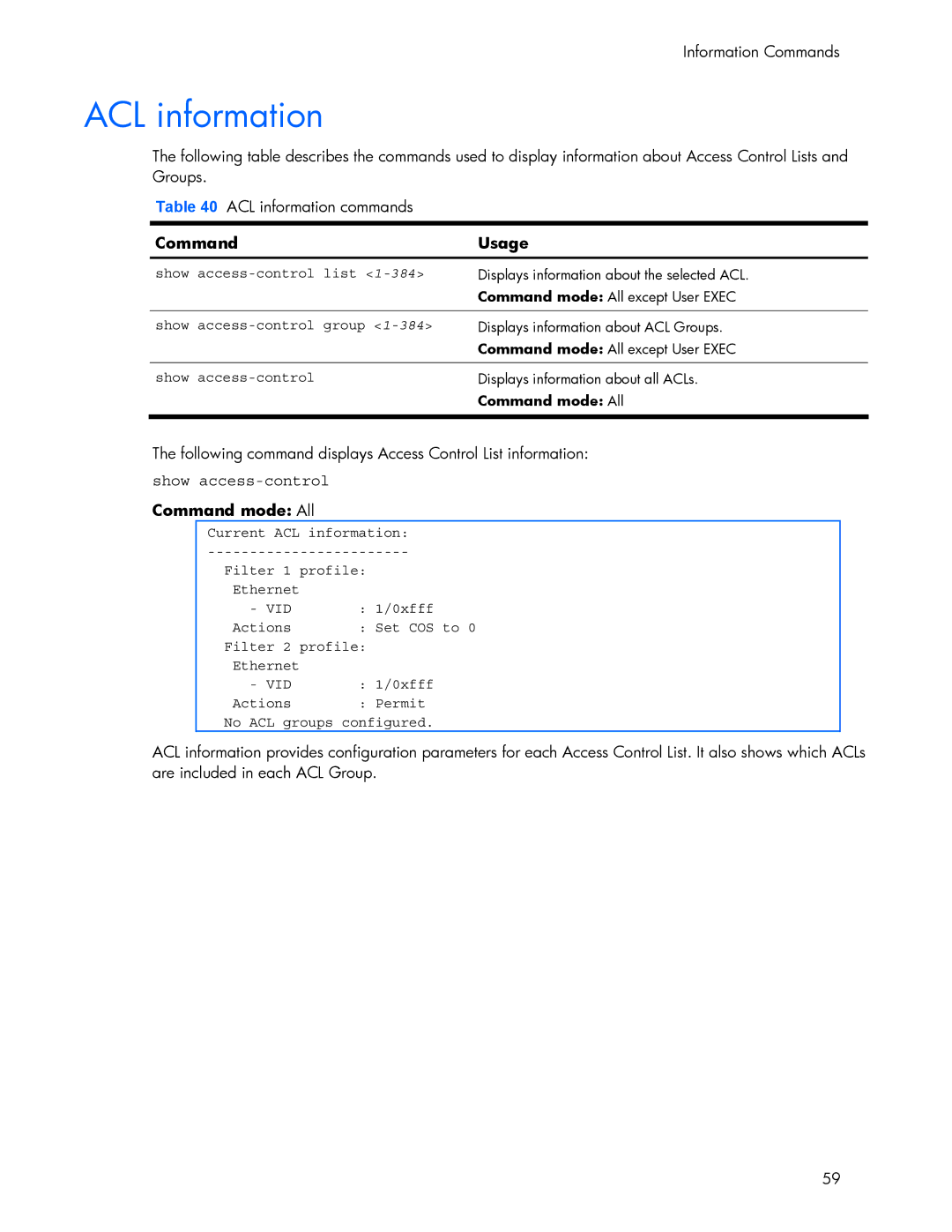 HP 445942-001 manual ACL information, Show access-control Command mode All 