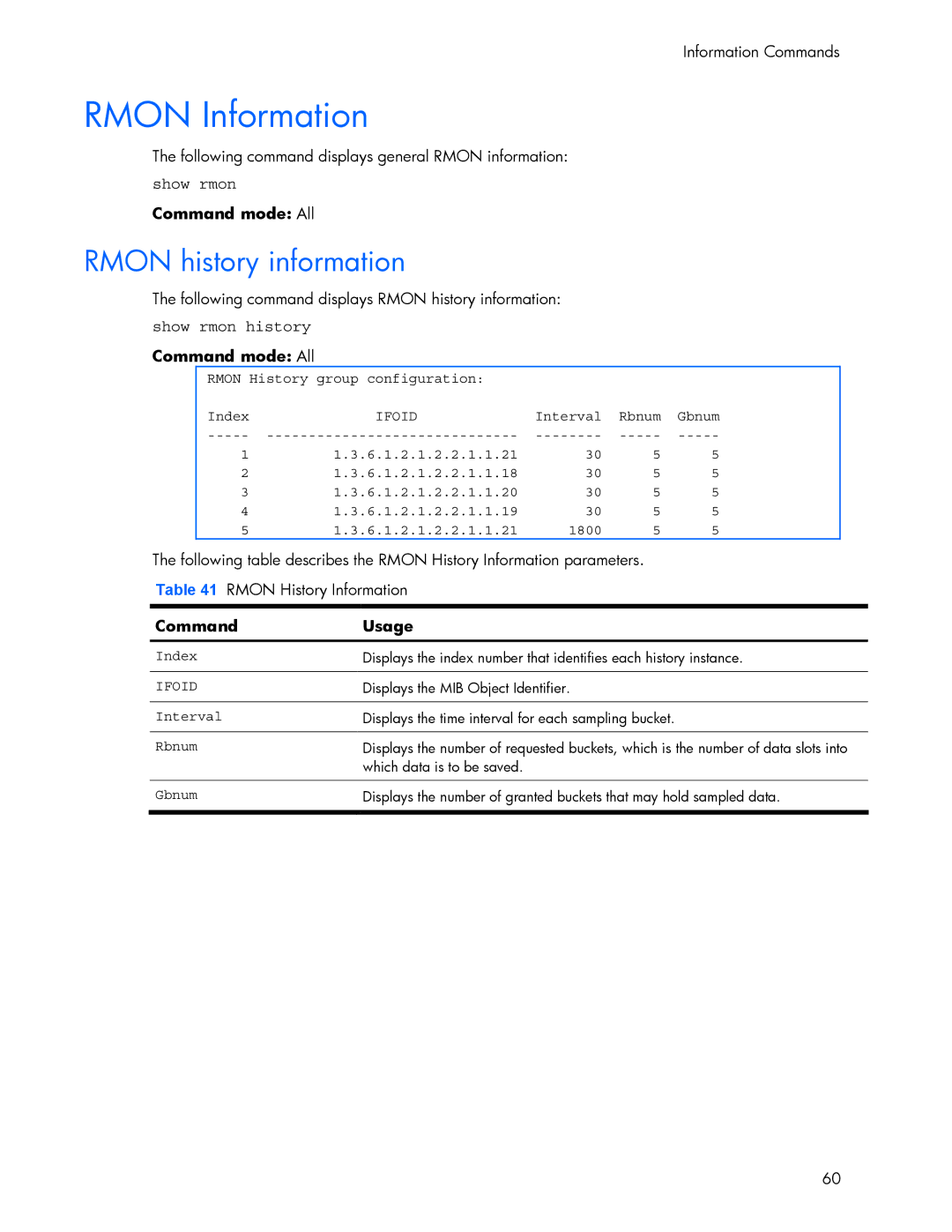 HP 445942-001 manual Rmon Information, Rmon history information, Show rmon history Command mode All 