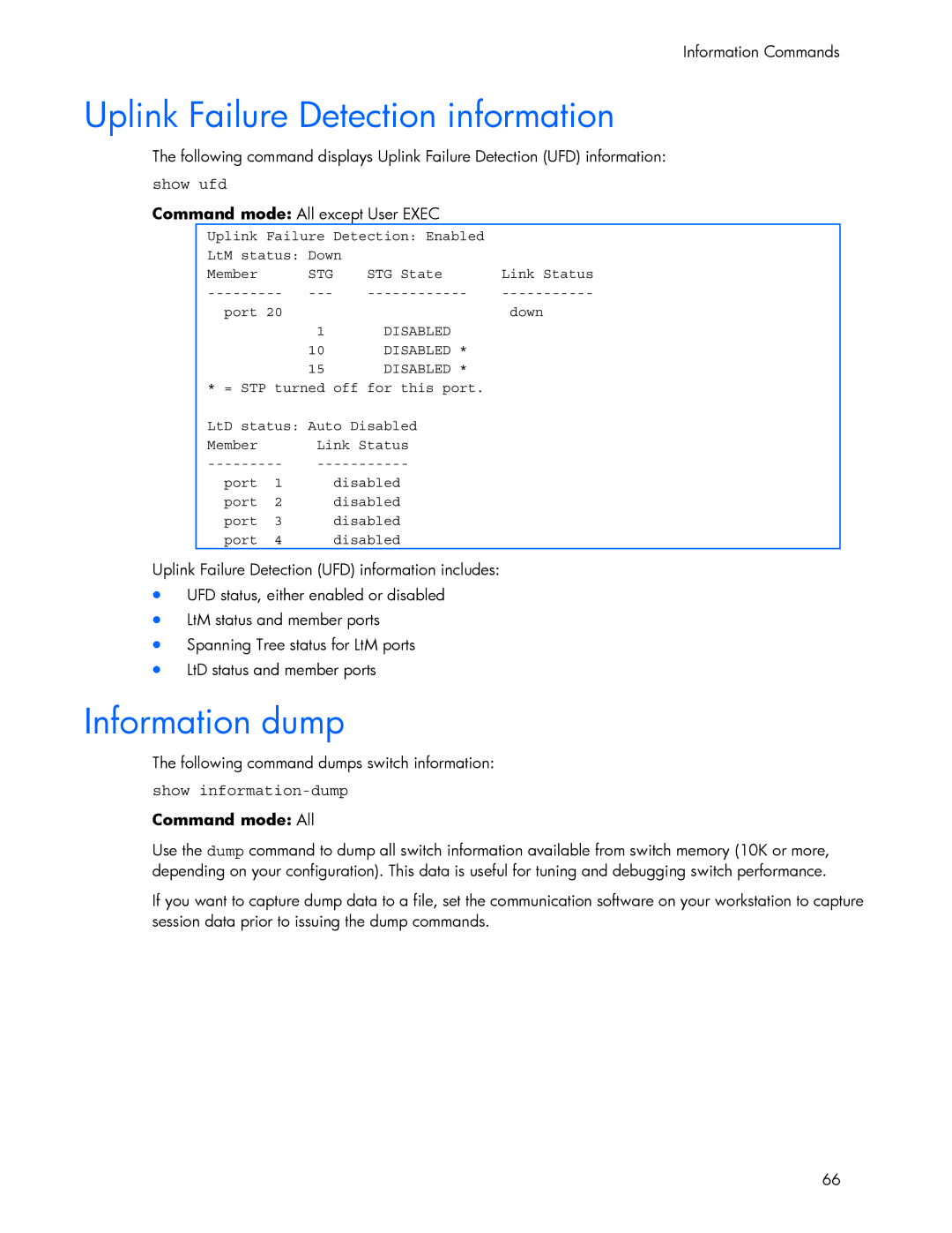 HP 445942-001 manual Uplink Failure Detection information, Information dump, Show ufd, Show information-dump 