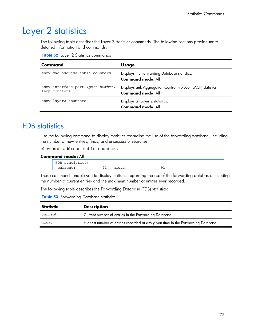 HP 445942-001 manual Layer 2 statistics, FDB statistics, Show mac-address-table counters, Statistic Description 