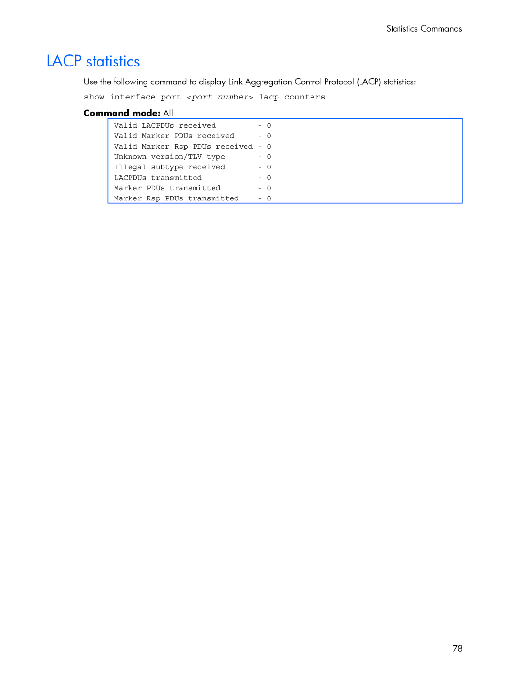 HP 445942-001 manual Lacp statistics, Show interface port port number lacp counters 