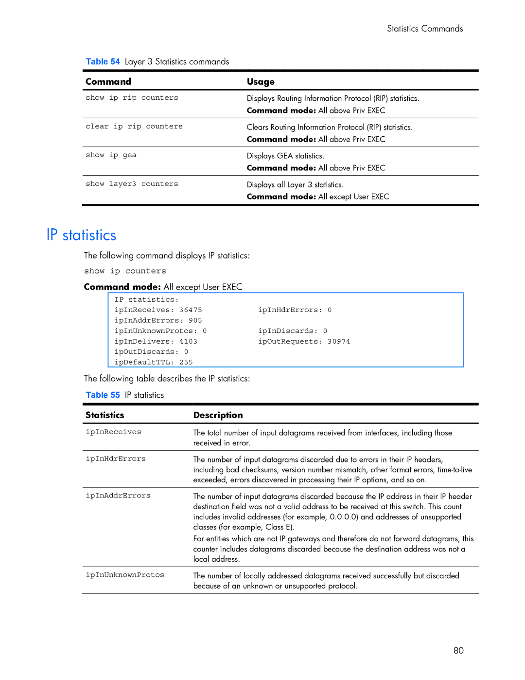 HP 445942-001 manual IP statistics, Show ip counters, Show ip rip counters, Clear ip rip counters, Show ip gea 