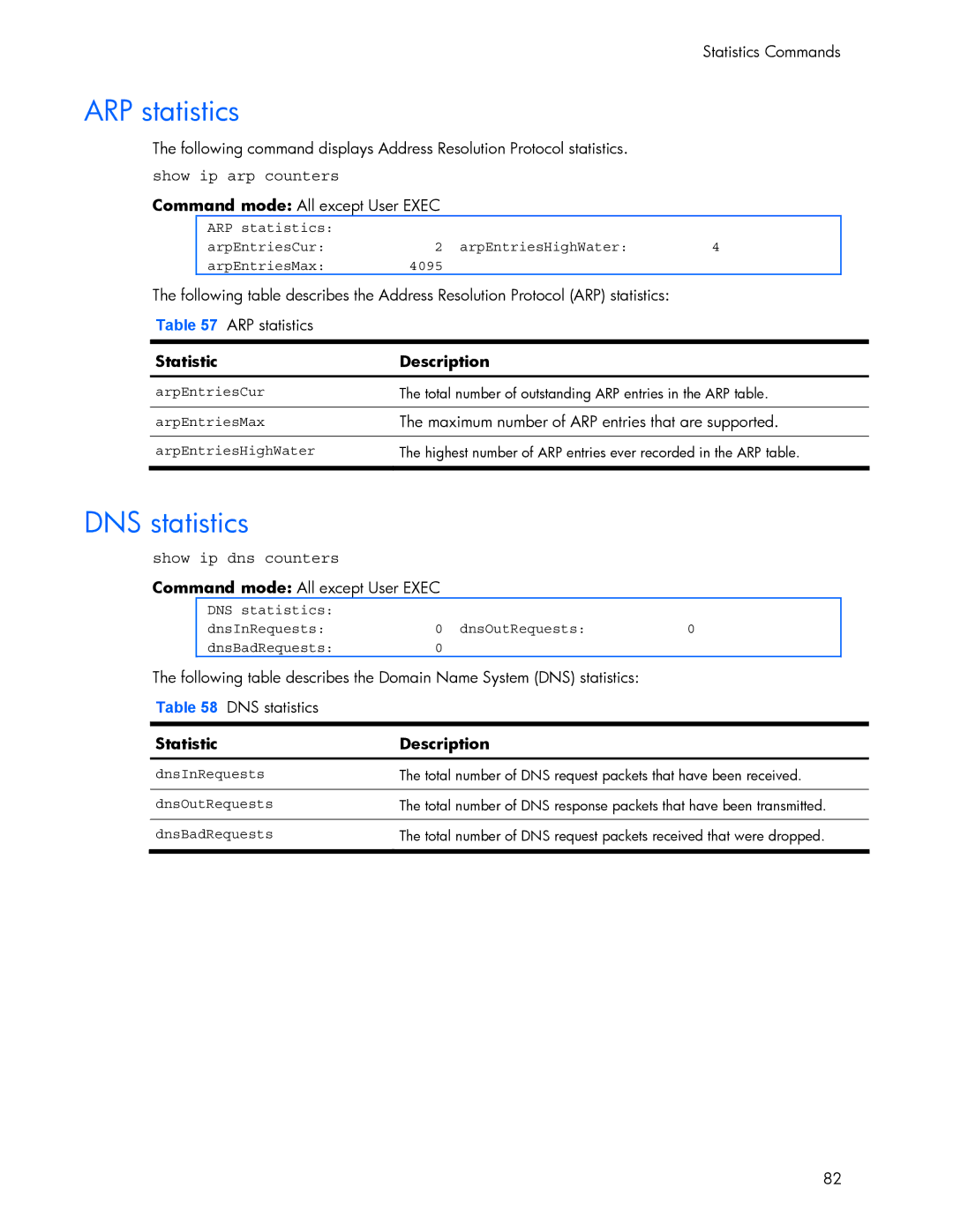 HP 445942-001 manual ARP statistics, DNS statistics, Show ip arp counters, Show ip dns counters 