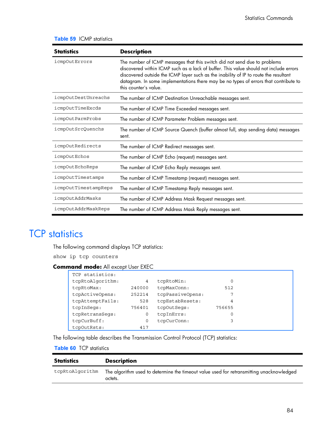 HP 445942-001 manual TCP statistics, Show ip tcp counters 