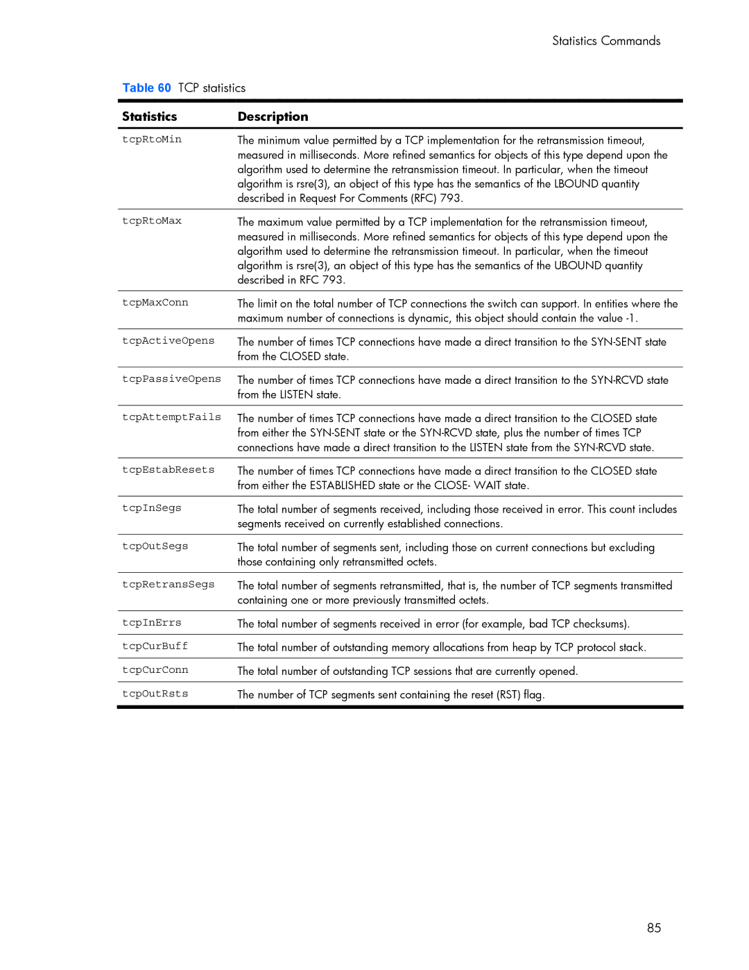 HP 445942-001 manual Statistics Commands TCP statistics 