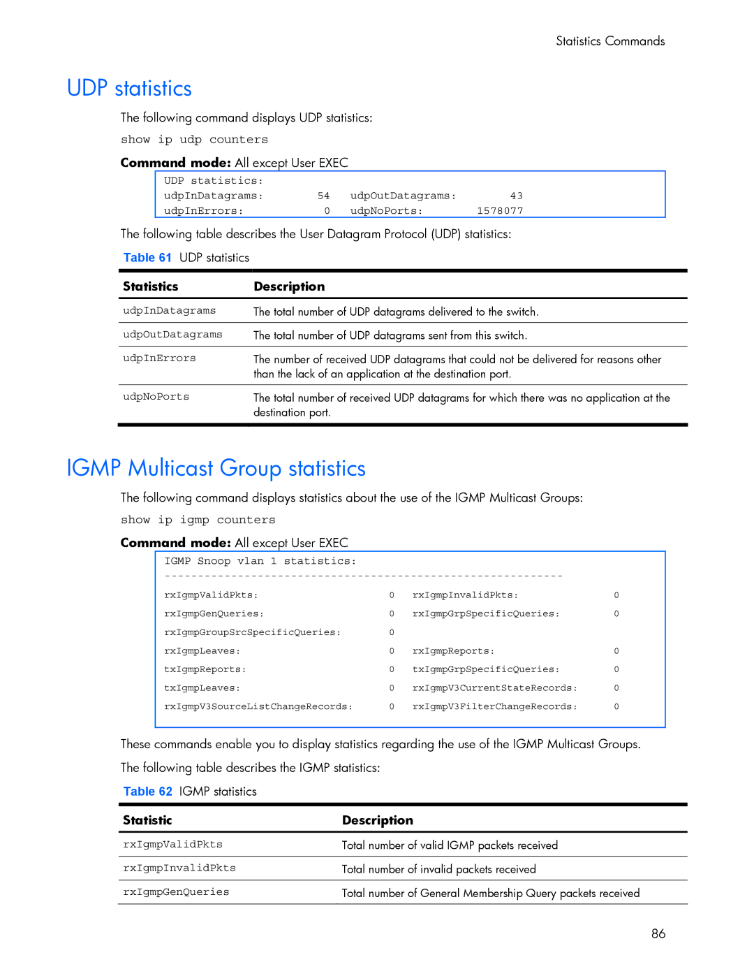 HP 445942-001 manual UDP statistics, Igmp Multicast Group statistics, Show ip udp counters 