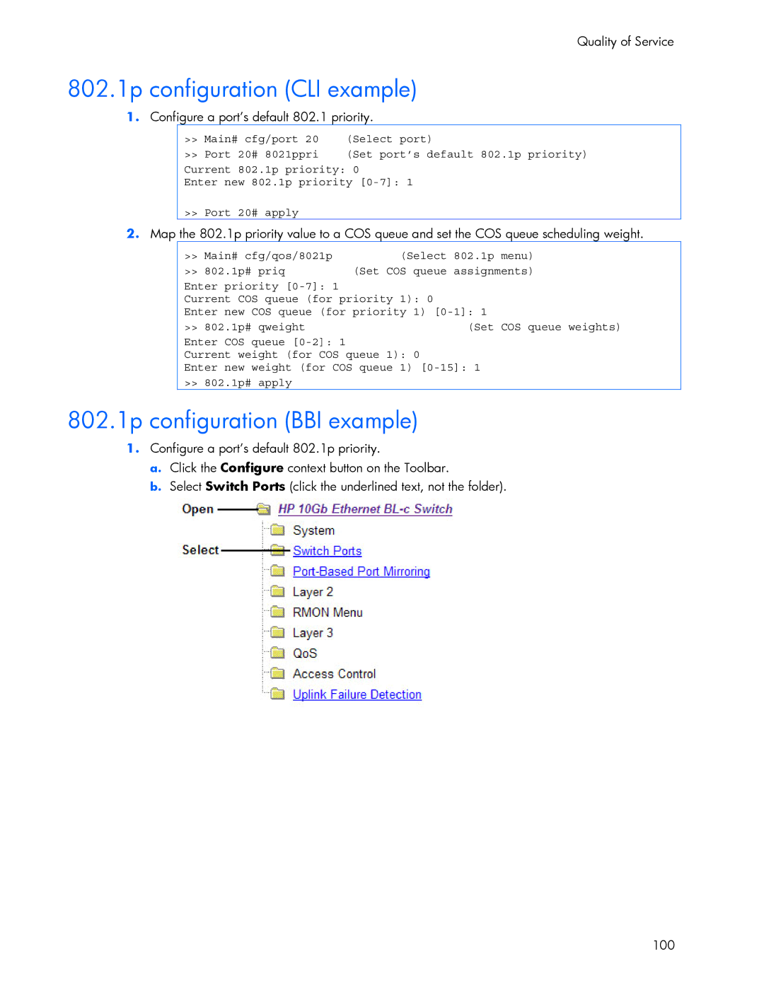 HP 445946-001 manual 802.1p configuration CLI example, 802.1p configuration BBI example 