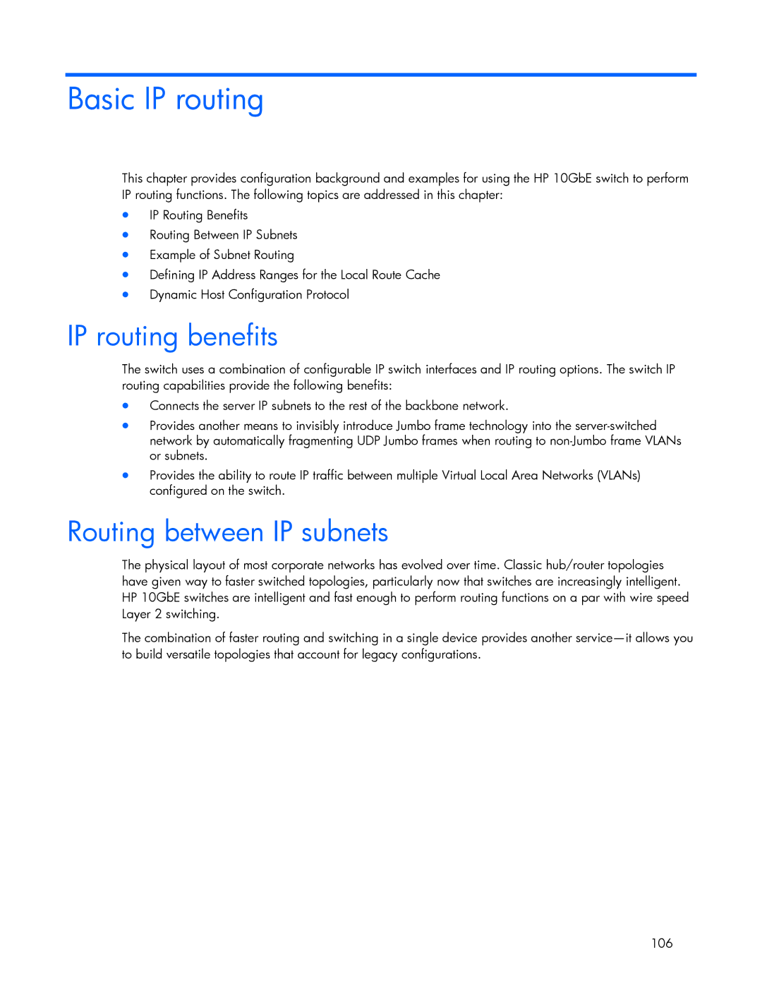 HP 445946-001 manual Basic IP routing, IP routing benefits, Routing between IP subnets 