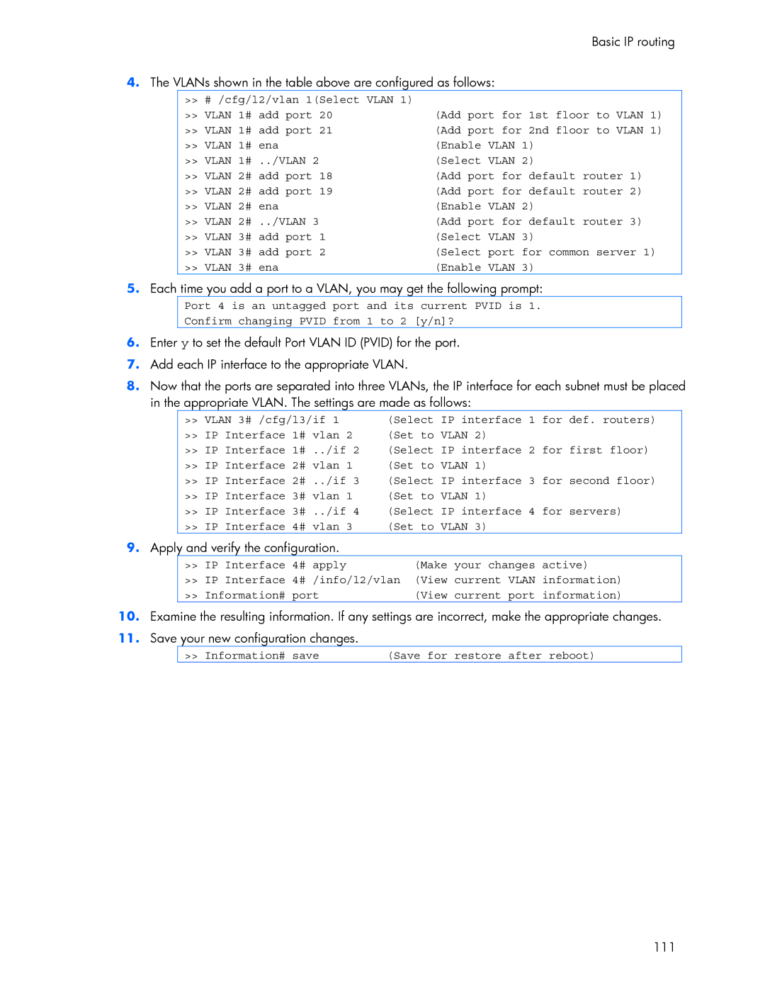 HP 445946-001 manual Apply and verify the configuration, 111 