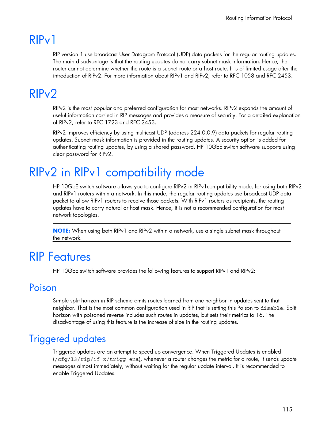 HP 445946-001 manual RIPv2 in RIPv1 compatibility mode, RIP Features 