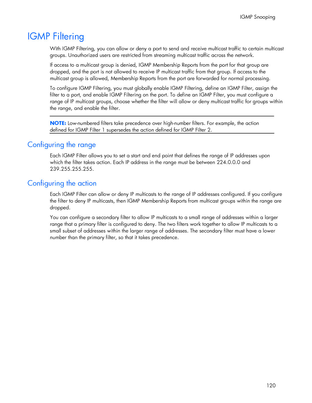 HP 445946-001 manual Igmp Filtering, Configuring the range, Configuring the action 