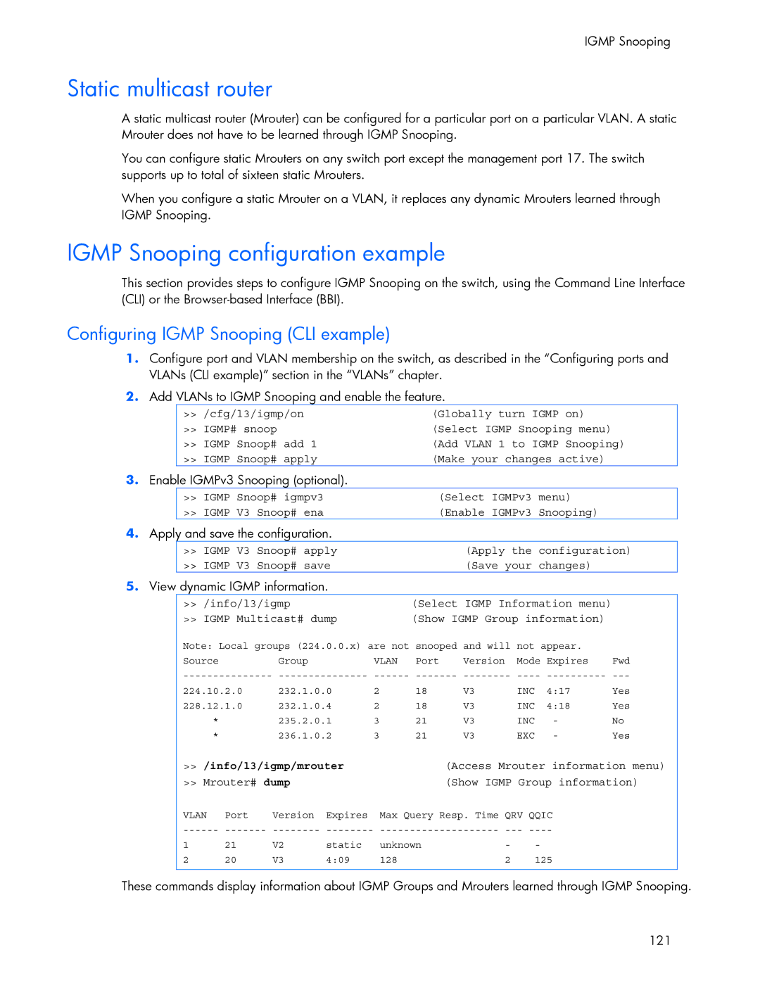 HP 445946-001 manual Static multicast router, Igmp Snooping configuration example, Configuring Igmp Snooping CLI example 