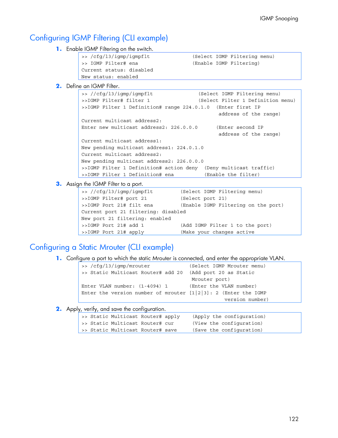 HP 445946-001 Configuring Igmp Filtering CLI example, Configuring a Static Mrouter CLI example, Define an Igmp Filter 