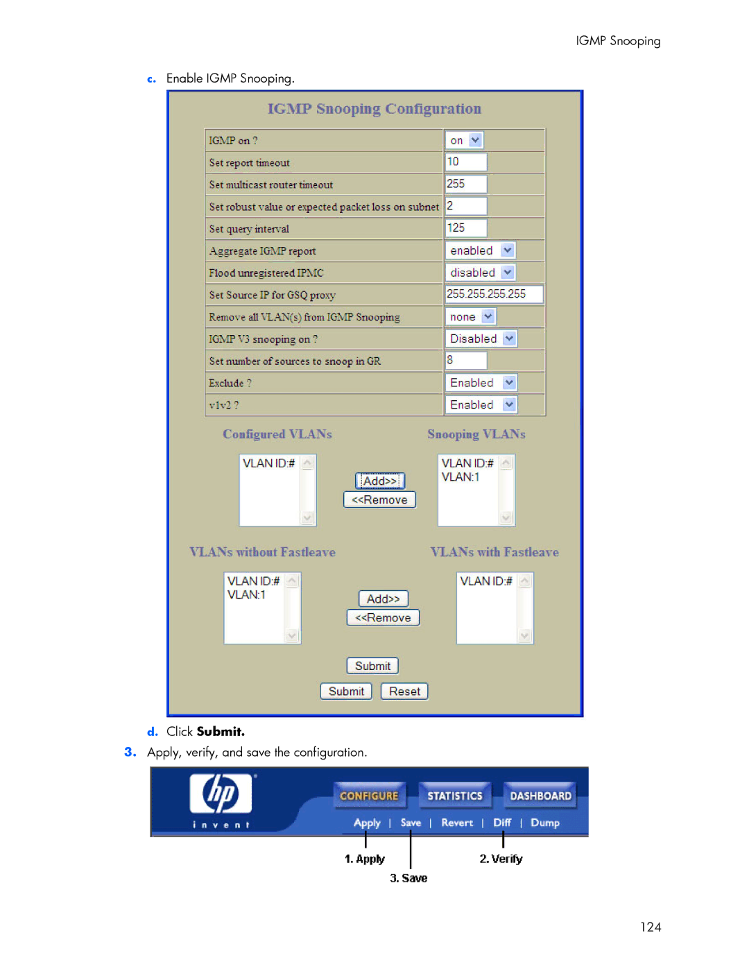 HP 445946-001 manual Igmp Snooping Enable Igmp Snooping, Apply, verify, and save the configuration 124 