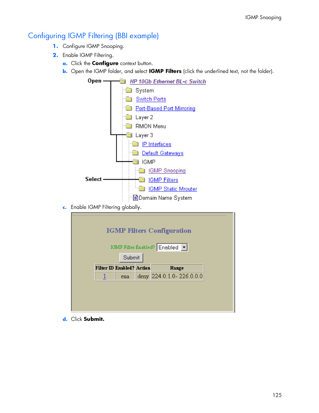 HP 445946-001 manual Configuring Igmp Filtering BBI example, 125 