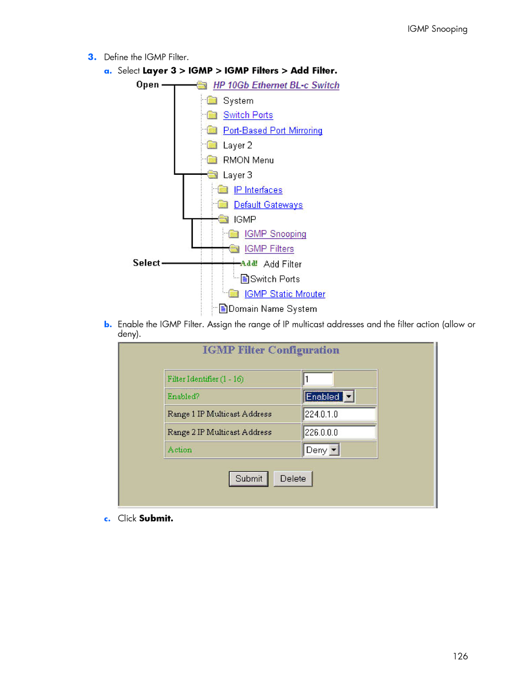 HP 445946-001 manual Igmp Snooping Define the Igmp Filter, Select Layer 3 Igmp Igmp Filters Add Filter, 126 