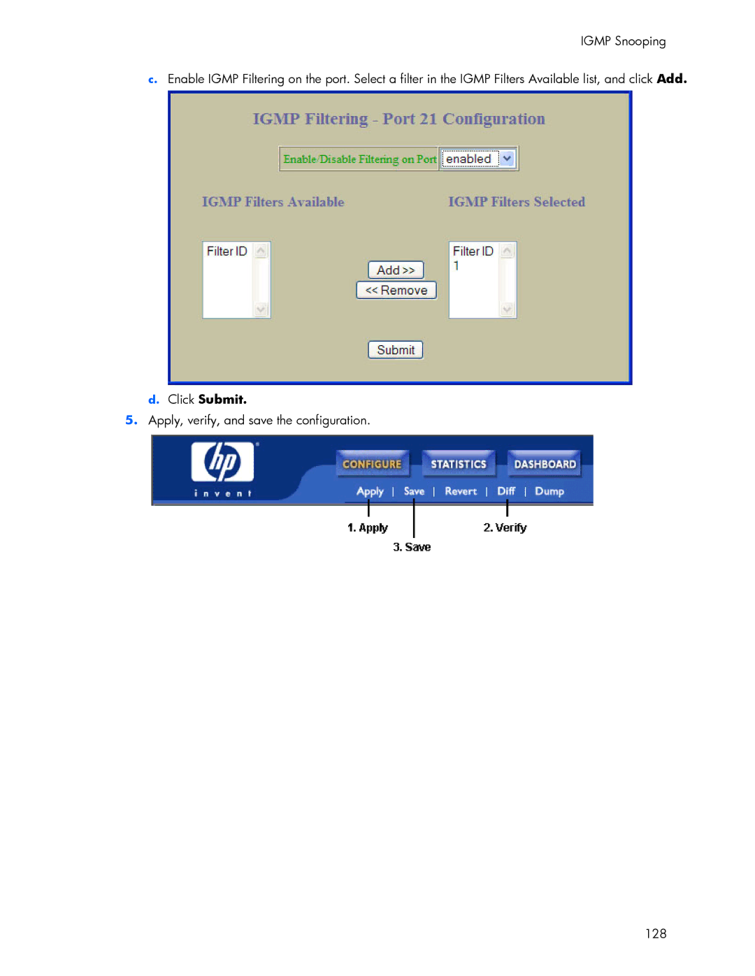 HP 445946-001 manual Apply, verify, and save the configuration 128 