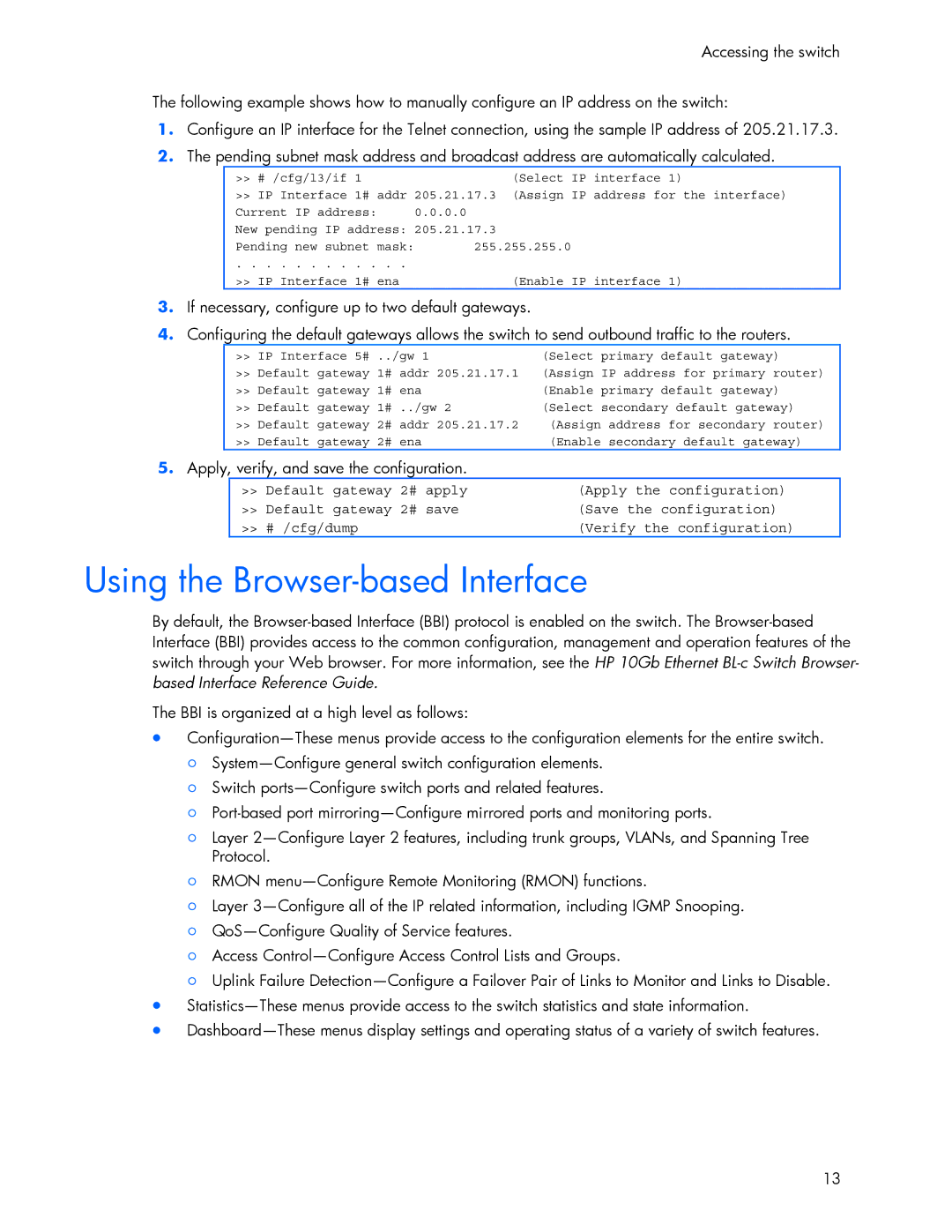 HP 445946-001 manual Using the Browser-based Interface, Apply, verify, and save the configuration 