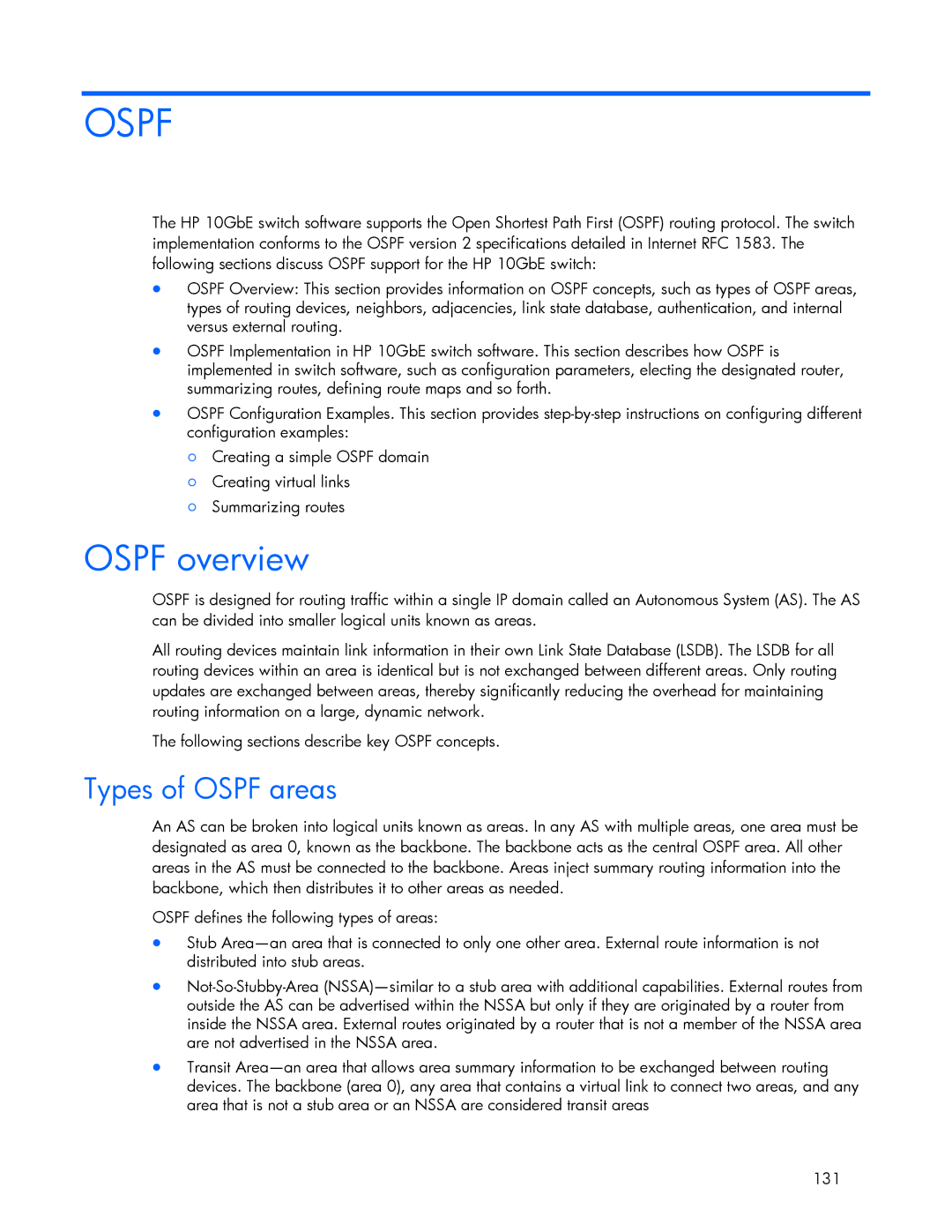 HP 445946-001 manual Ospf overview, Types of Ospf areas 