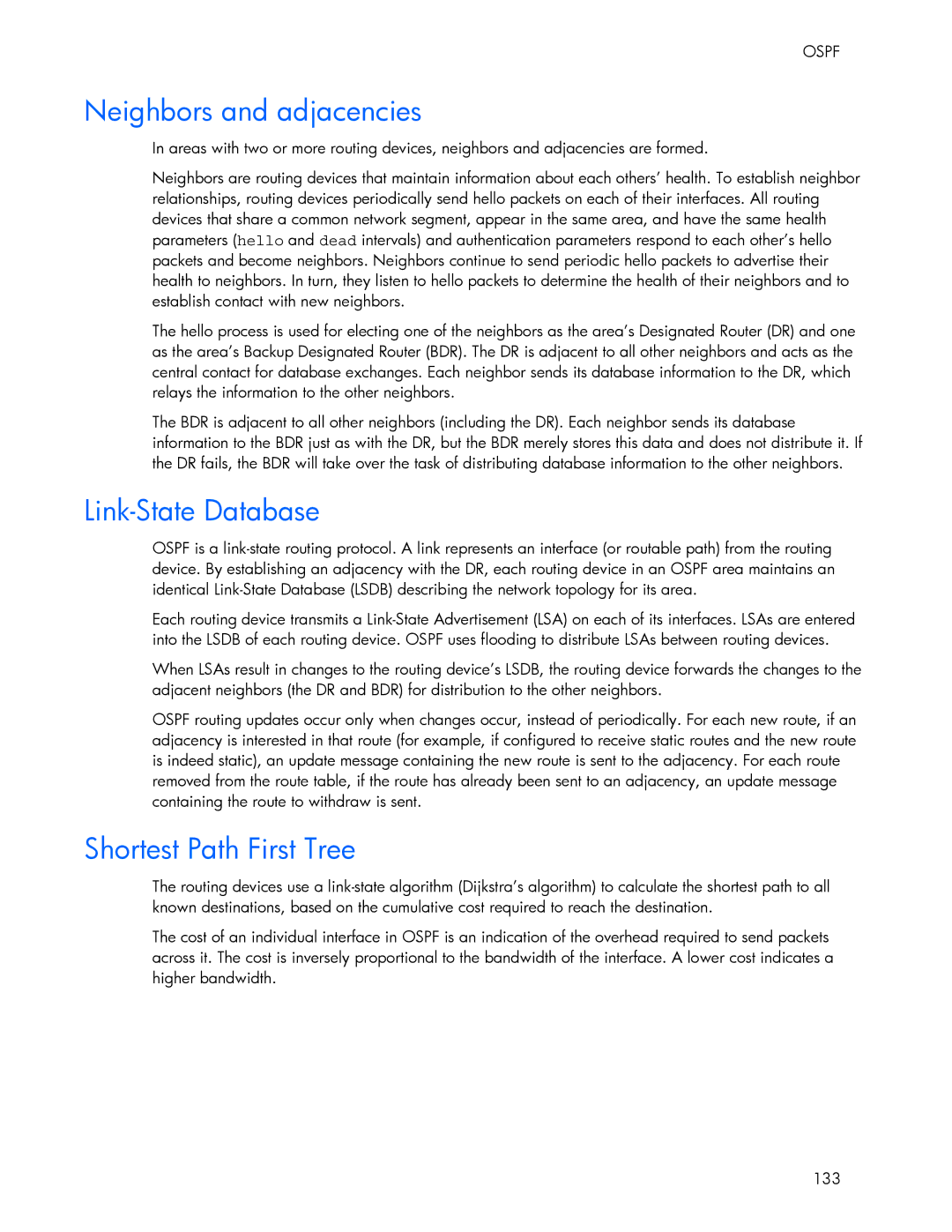 HP 445946-001 manual Neighbors and adjacencies, Link-State Database, Shortest Path First Tree 