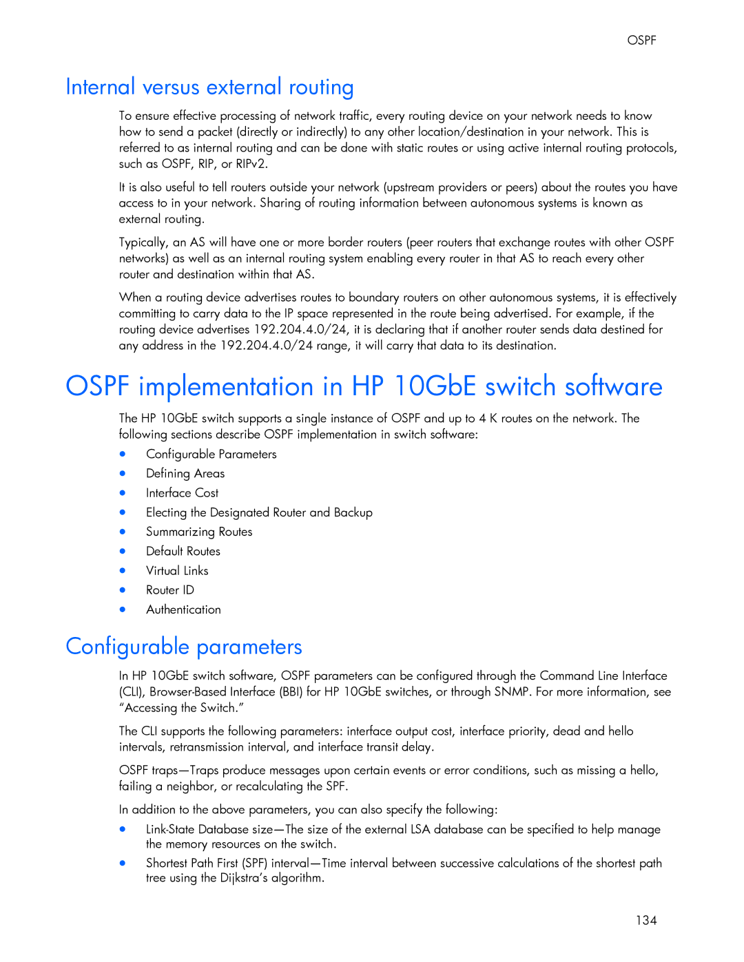 HP 445946-001 Ospf implementation in HP 10GbE switch software, Internal versus external routing, Configurable parameters 