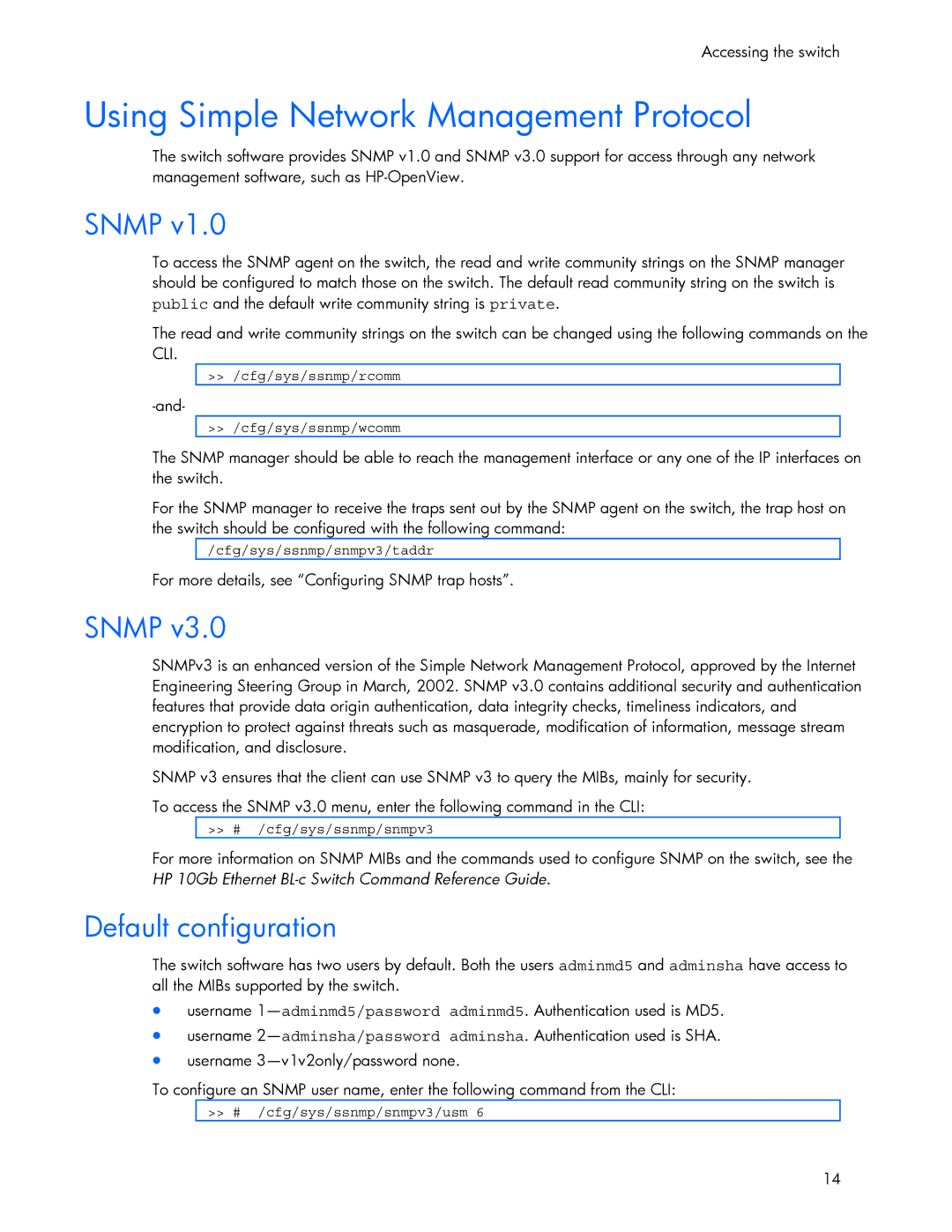 HP 445946-001 manual Using Simple Network Management Protocol, Snmp, Default configuration 