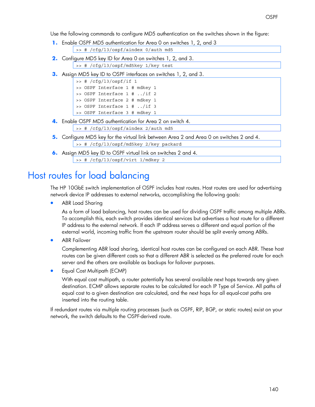 HP 445946-001 manual Host routes for load balancing, Configure MD5 key ID for Area 0 on switches 1, 2 