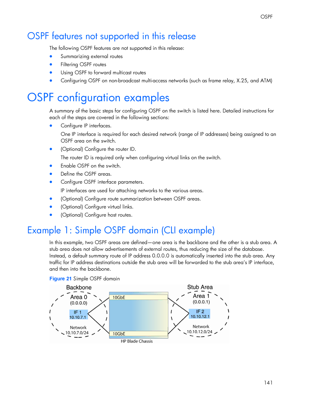 HP 445946-001 manual Ospf configuration examples, Ospf features not supported in this release 