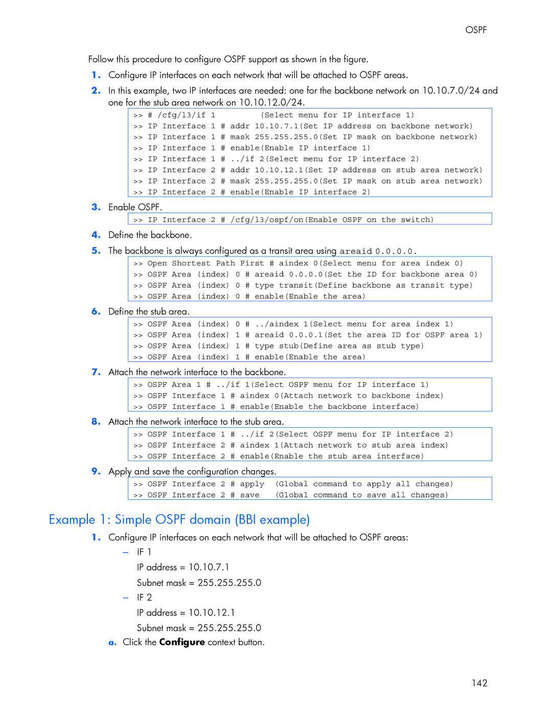 HP 445946-001 manual Example 1 Simple Ospf domain BBI example 