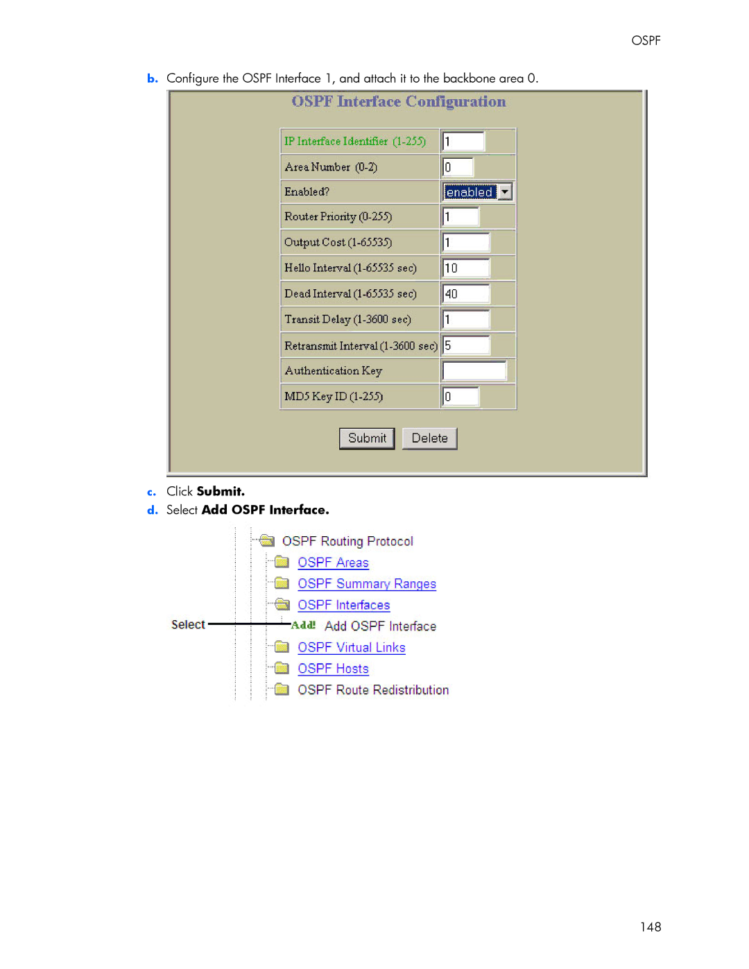 HP 445946-001 manual Click Submit Select Add Ospf Interface, 148 