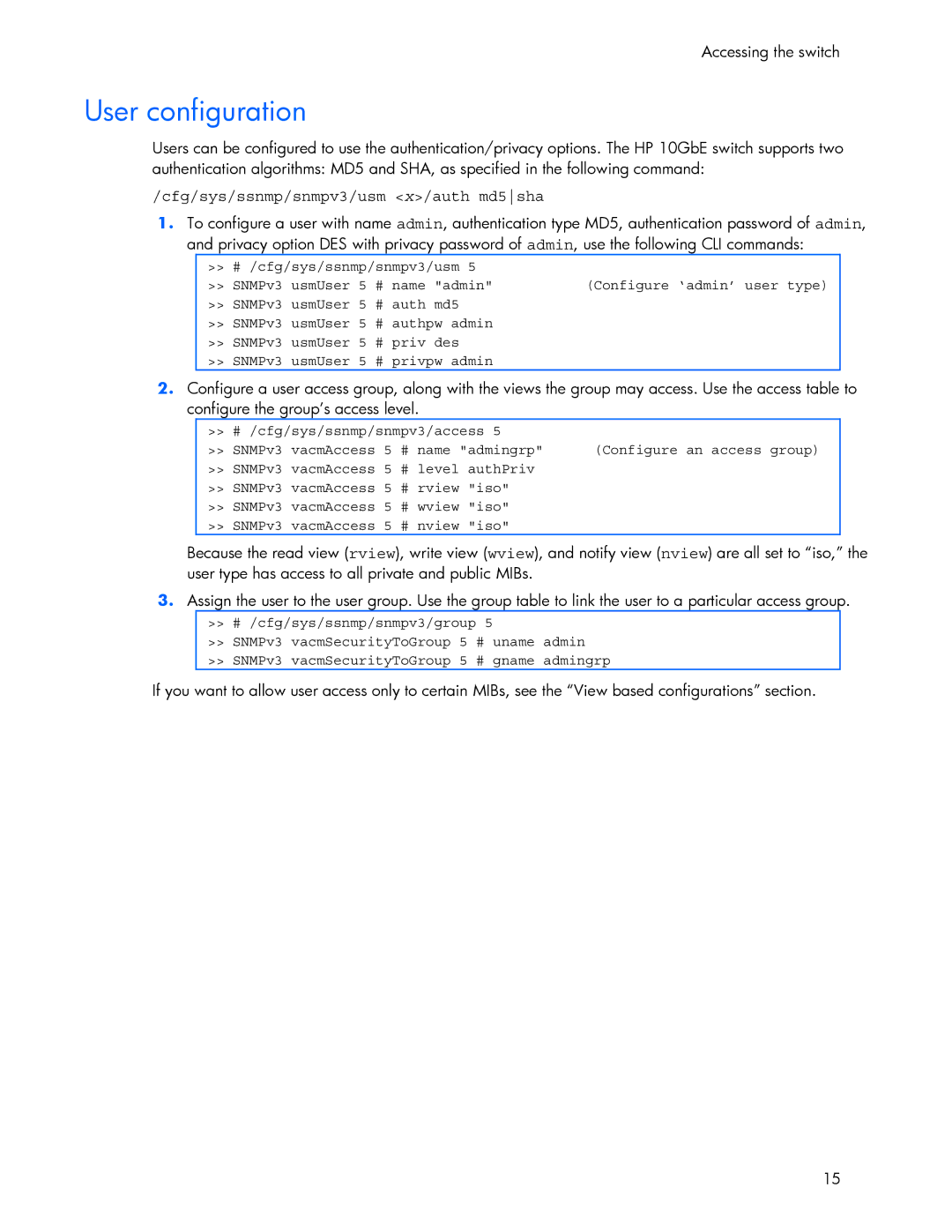 HP 445946-001 manual User configuration, Cfg/sys/ssnmp/snmpv3/usm x/auth md5sha 