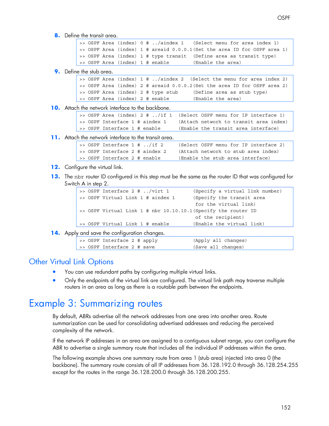 HP 445946-001 manual Example 3 Summarizing routes, Other Virtual Link Options, Define the transit area 