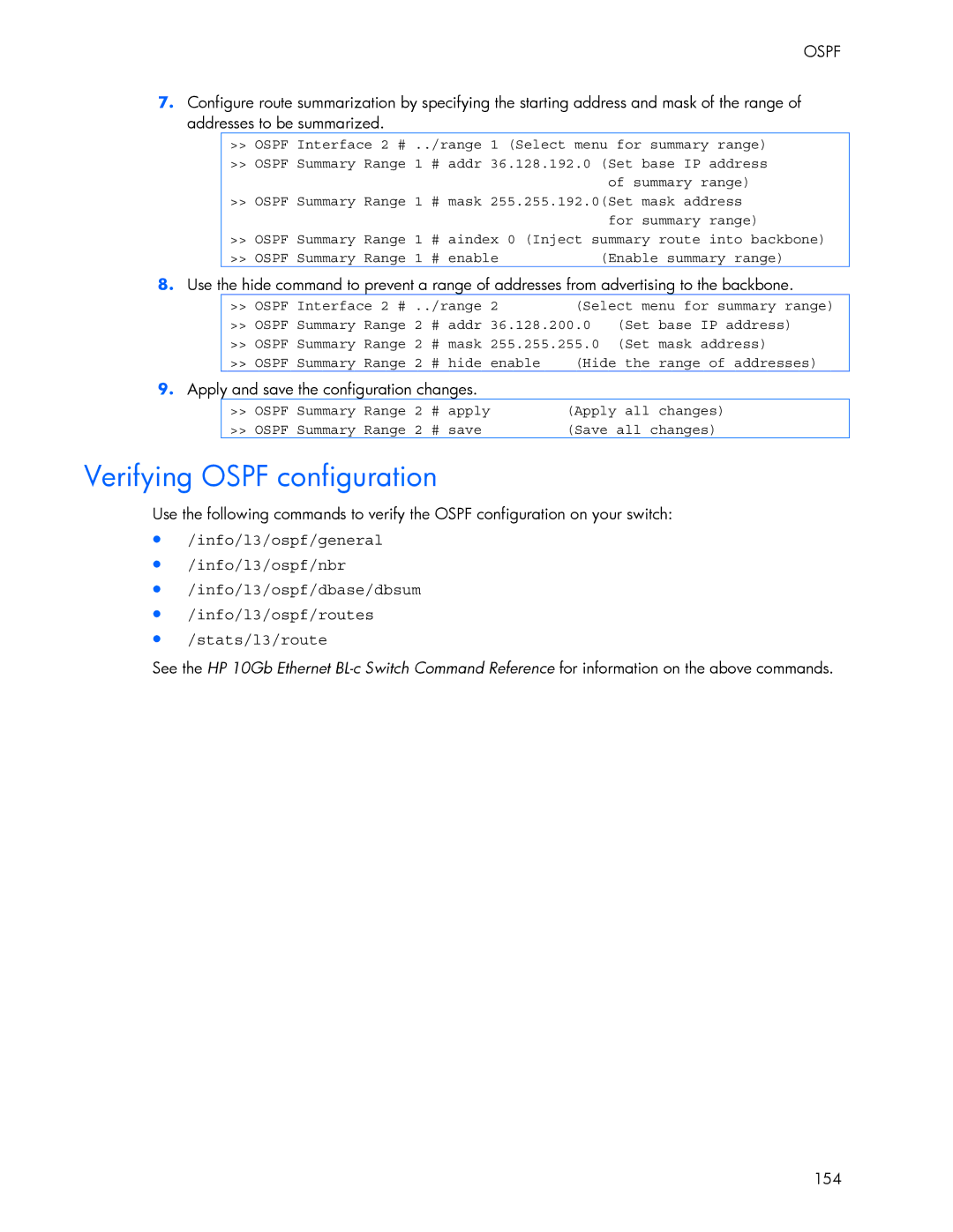 HP 445946-001 manual Verifying Ospf configuration, 154 