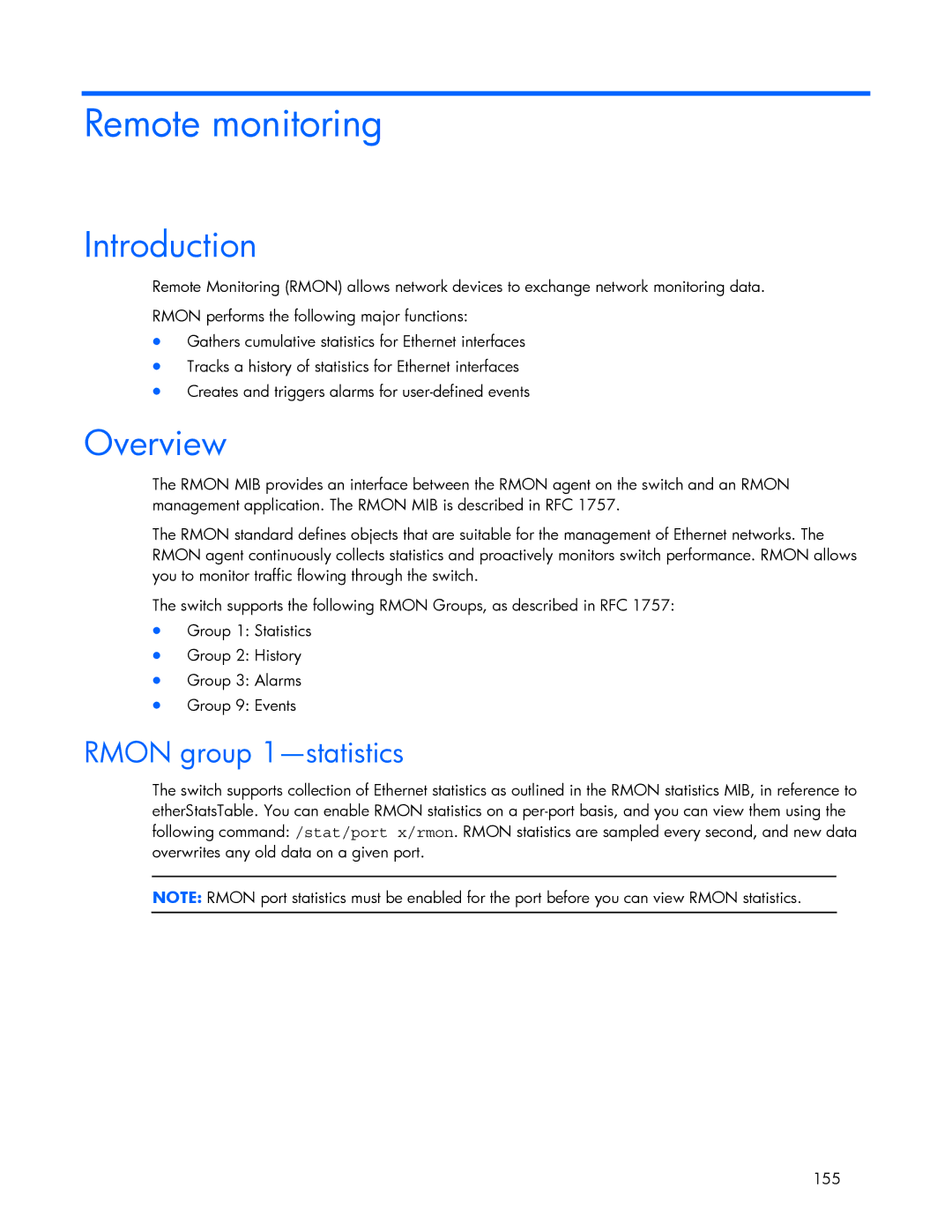 HP 445946-001 manual Remote monitoring, Rmon group 1-statistics 