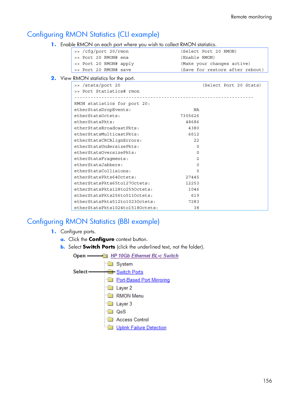 HP 445946-001 manual Configuring Rmon Statistics CLI example, Configuring Rmon Statistics BBI example 