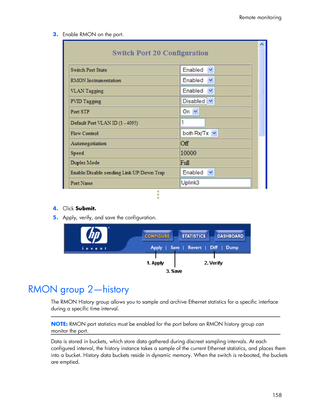 HP 445946-001 manual Rmon group 2-history, Remote monitoring Enable Rmon on the port 