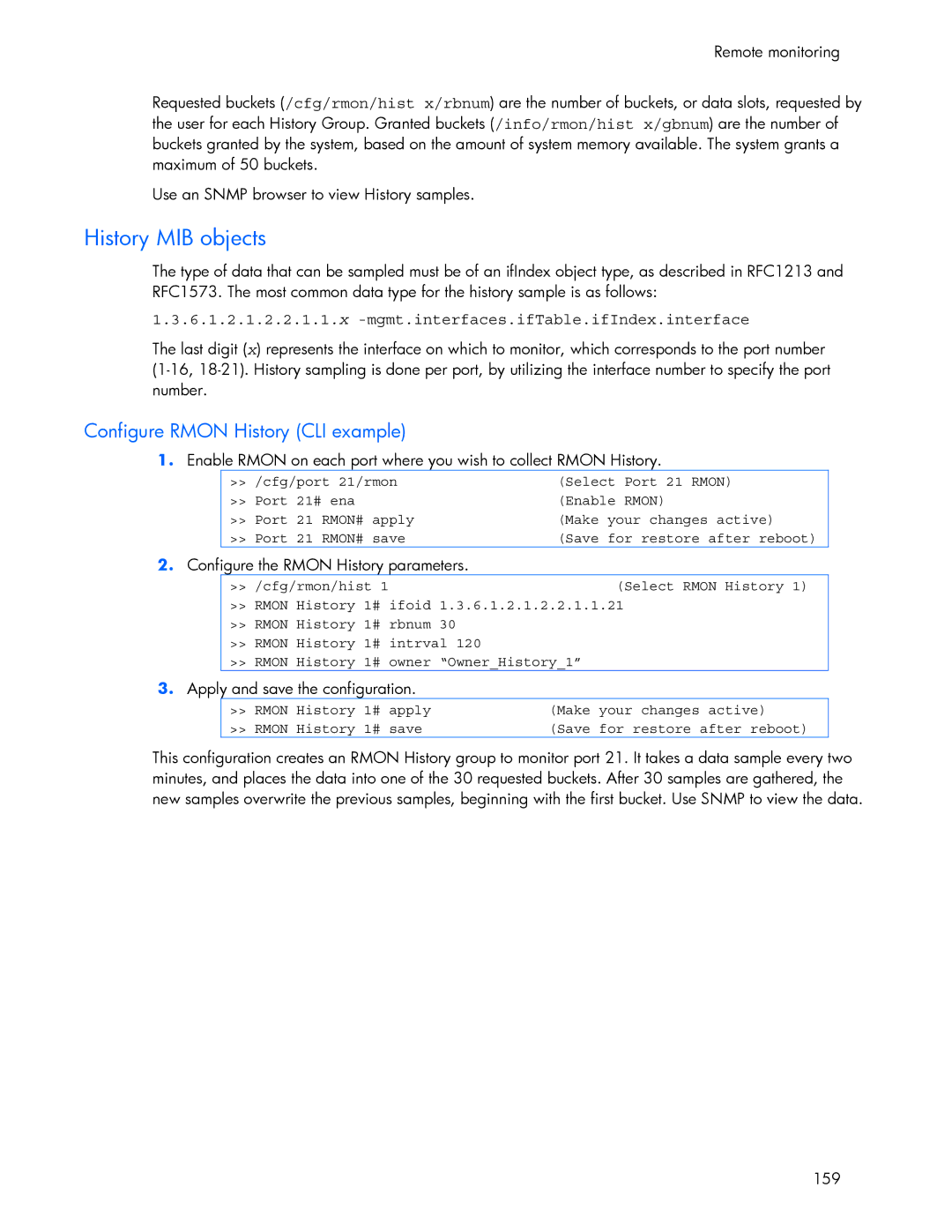 HP 445946-001 manual History MIB objects, Configure the Rmon History parameters 