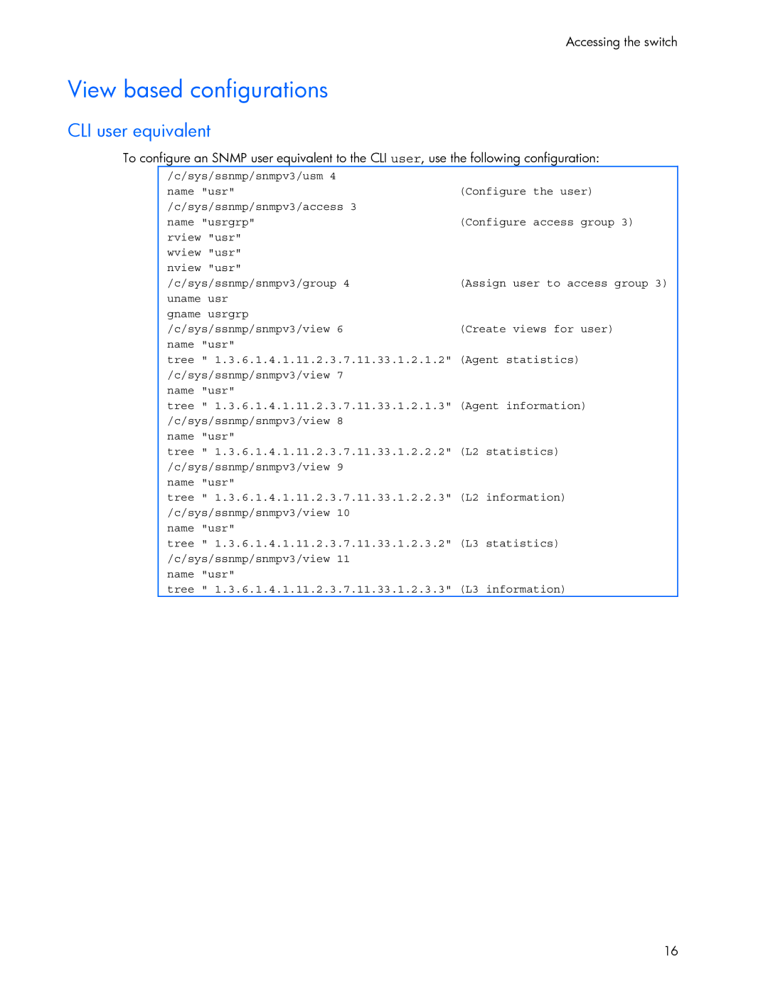 HP 445946-001 manual View based configurations, CLI user equivalent 