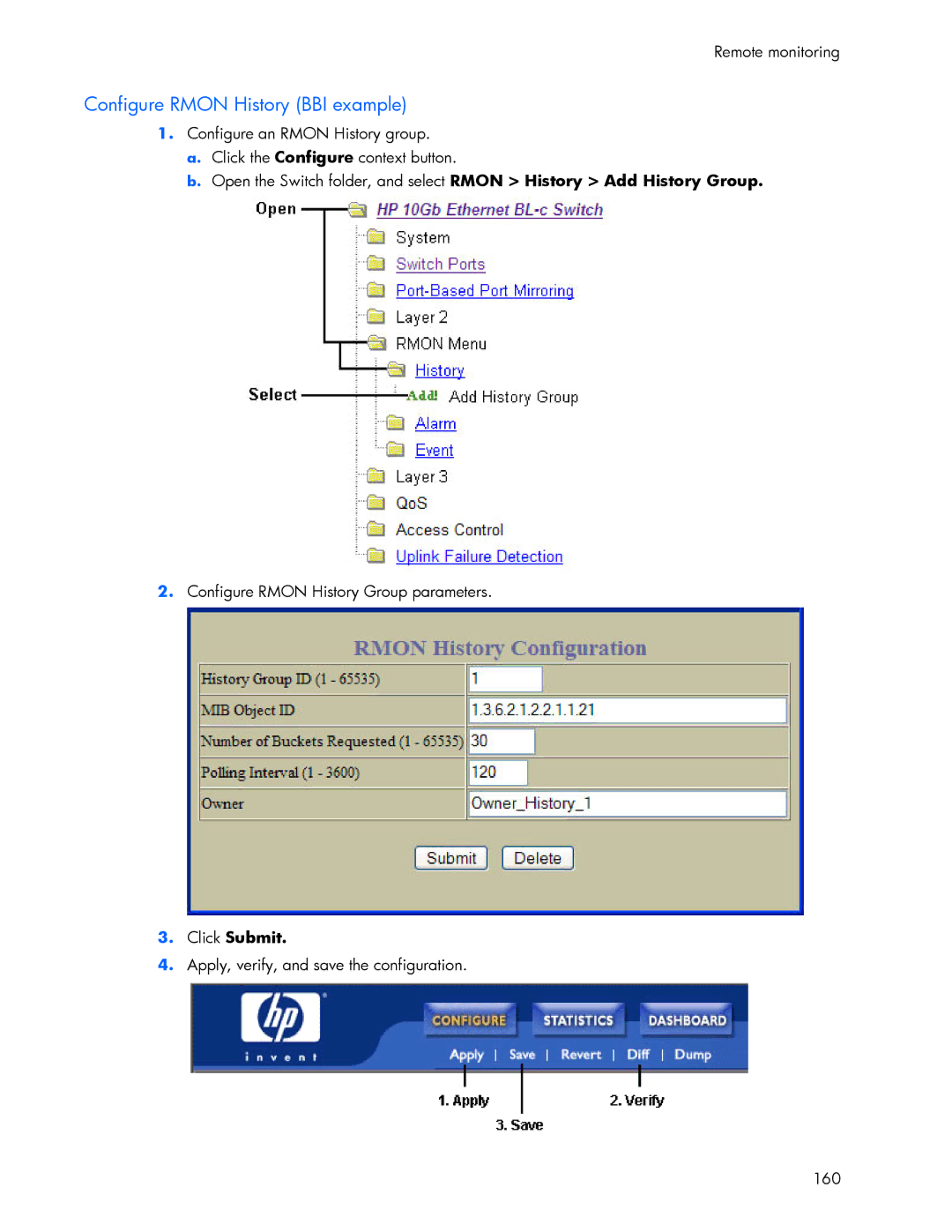 HP 445946-001 manual Configure Rmon History BBI example, Apply, verify, and save the configuration 160 