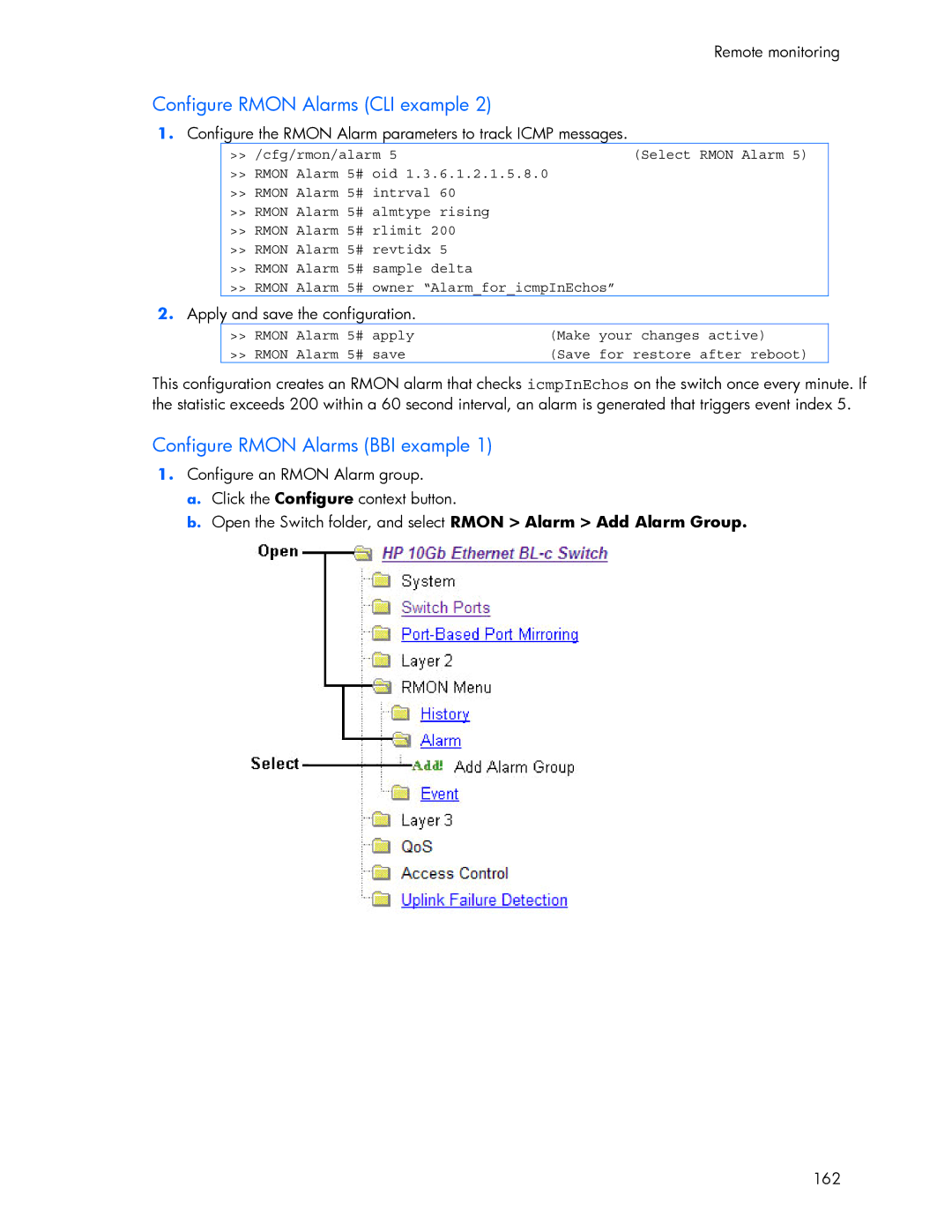 HP 445946-001 manual Configure Rmon Alarms BBI example, Configure the Rmon Alarm parameters to track Icmp messages 