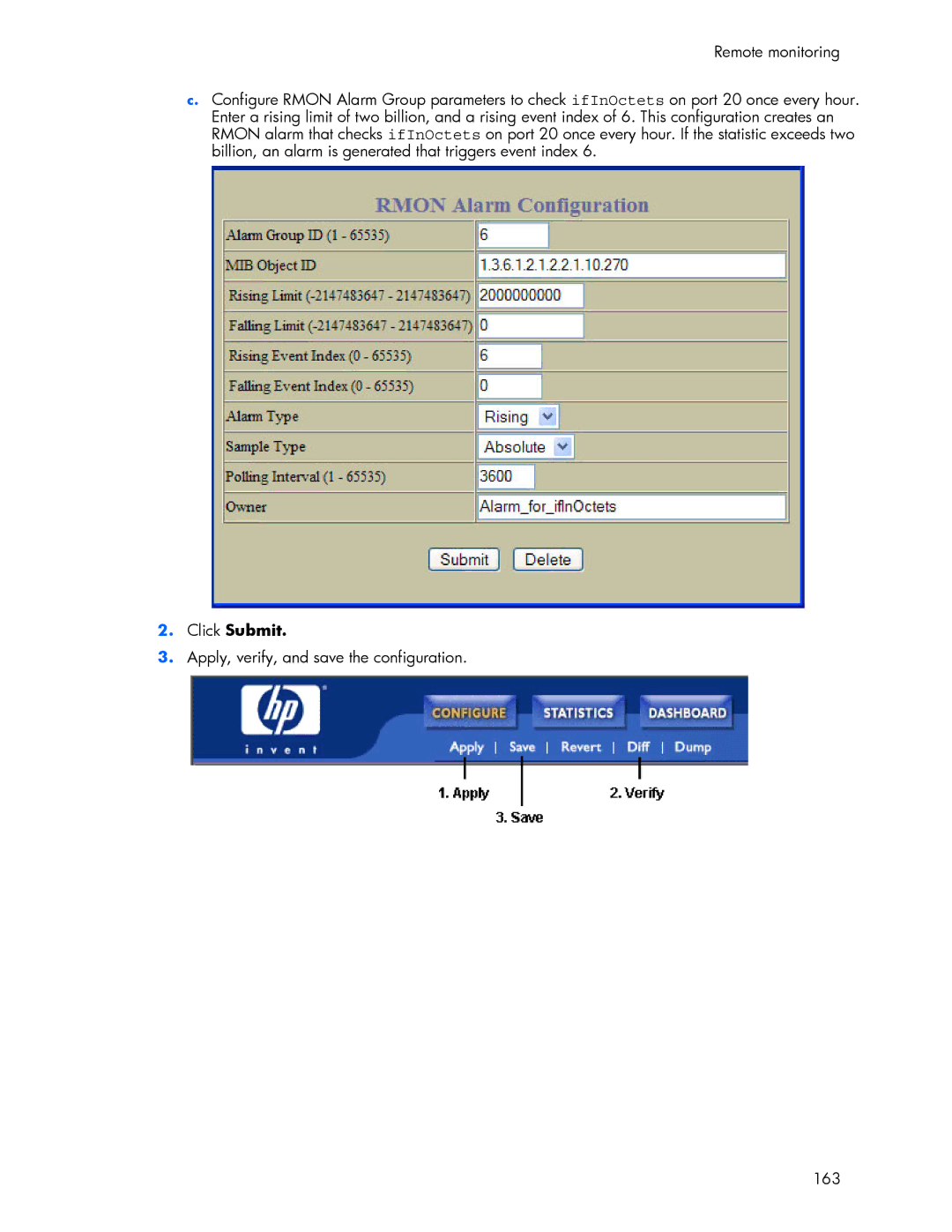 HP 445946-001 manual Click Submit, Apply, verify, and save the configuration 163 