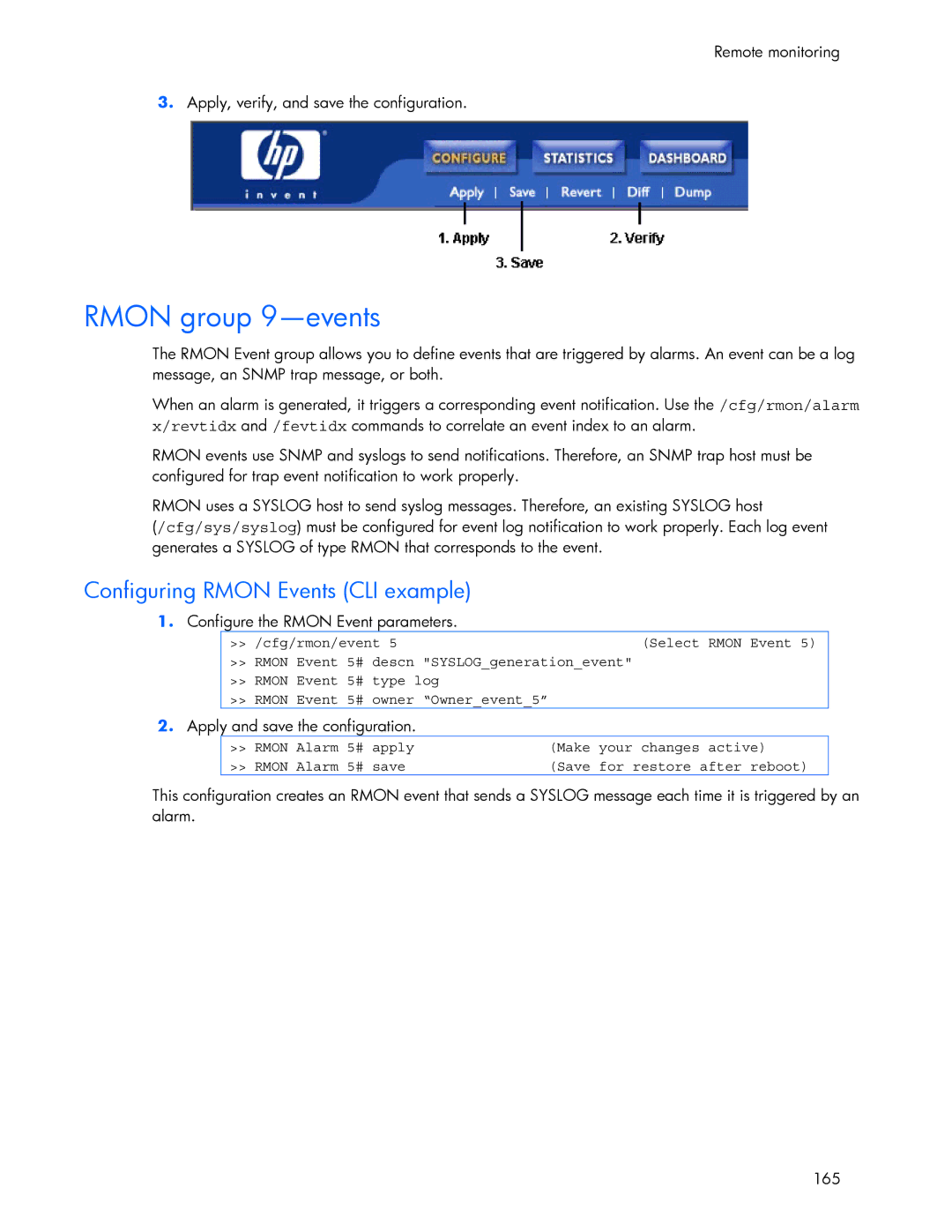 HP 445946-001 manual Rmon group 9-events, Configuring Rmon Events CLI example, Configure the Rmon Event parameters 