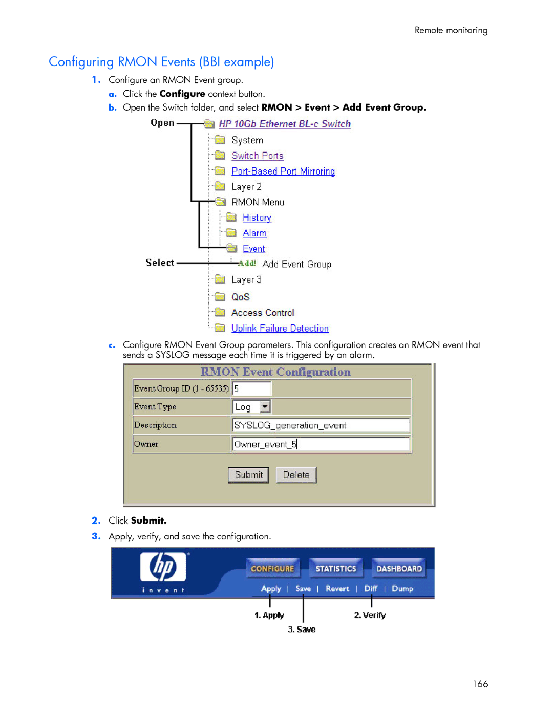 HP 445946-001 manual Configuring Rmon Events BBI example, Apply, verify, and save the configuration 166 