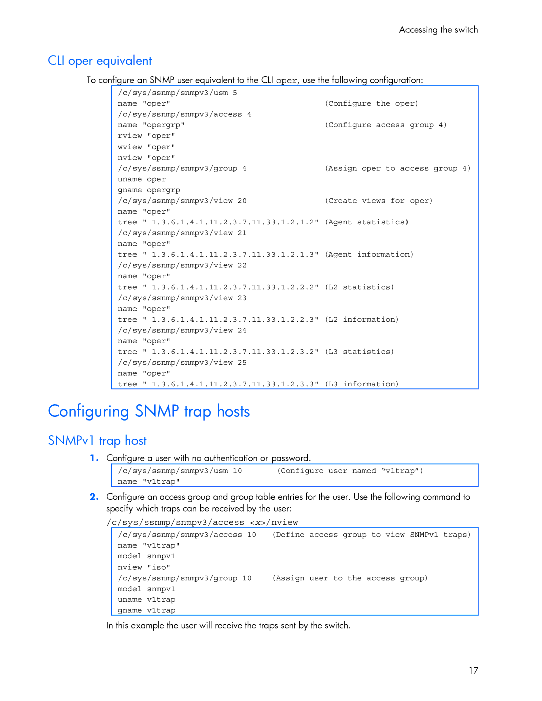 HP 445946-001 manual Configuring Snmp trap hosts, CLI oper equivalent, SNMPv1 trap host 