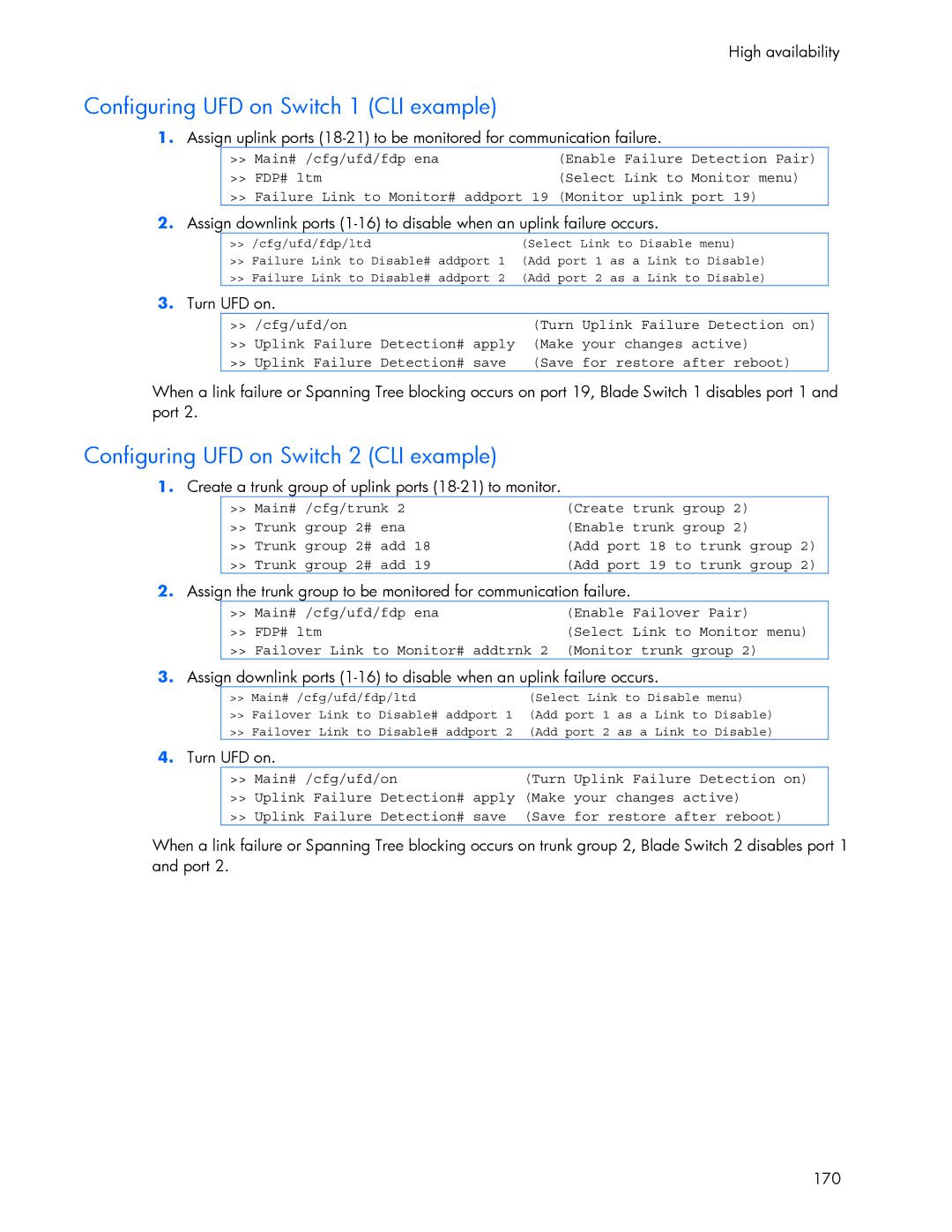 HP 445946-001 manual Configuring UFD on Switch 1 CLI example, Configuring UFD on Switch 2 CLI example, Turn UFD on 