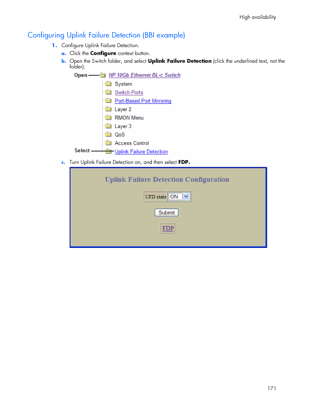 HP 445946-001 manual Configuring Uplink Failure Detection BBI example 