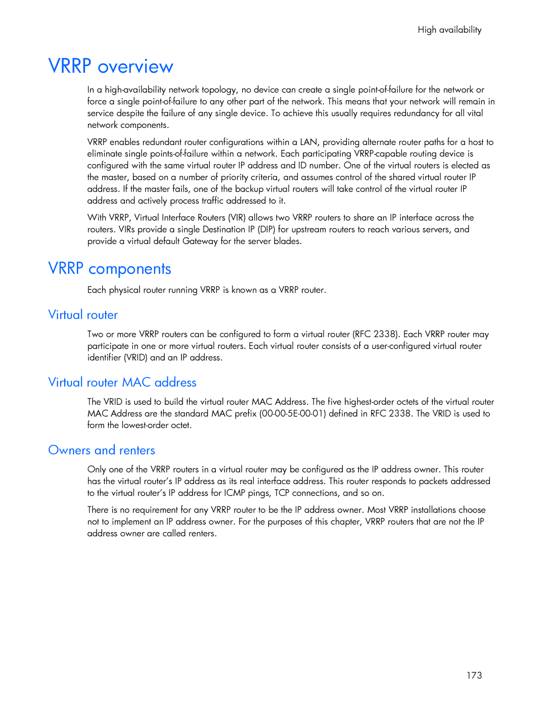 HP 445946-001 manual Vrrp overview, Vrrp components, Virtual router MAC address, Owners and renters 