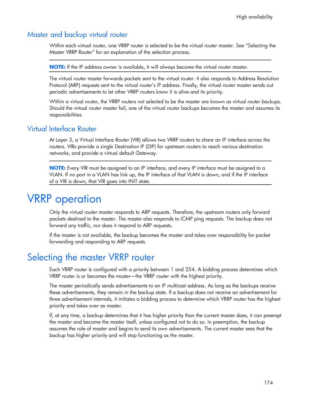 HP 445946-001 Vrrp operation, Selecting the master Vrrp router, Master and backup virtual router, Virtual Interface Router 