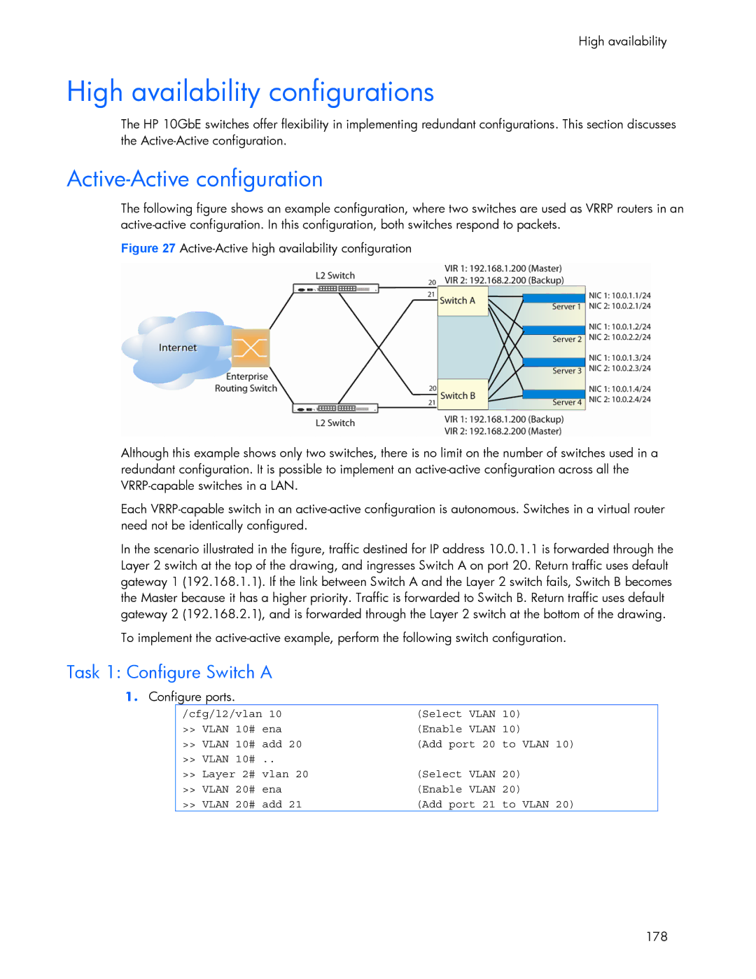 HP 445946-001 High availability configurations, Active-Active configuration, Task 1 Configure Switch a, Configure ports 